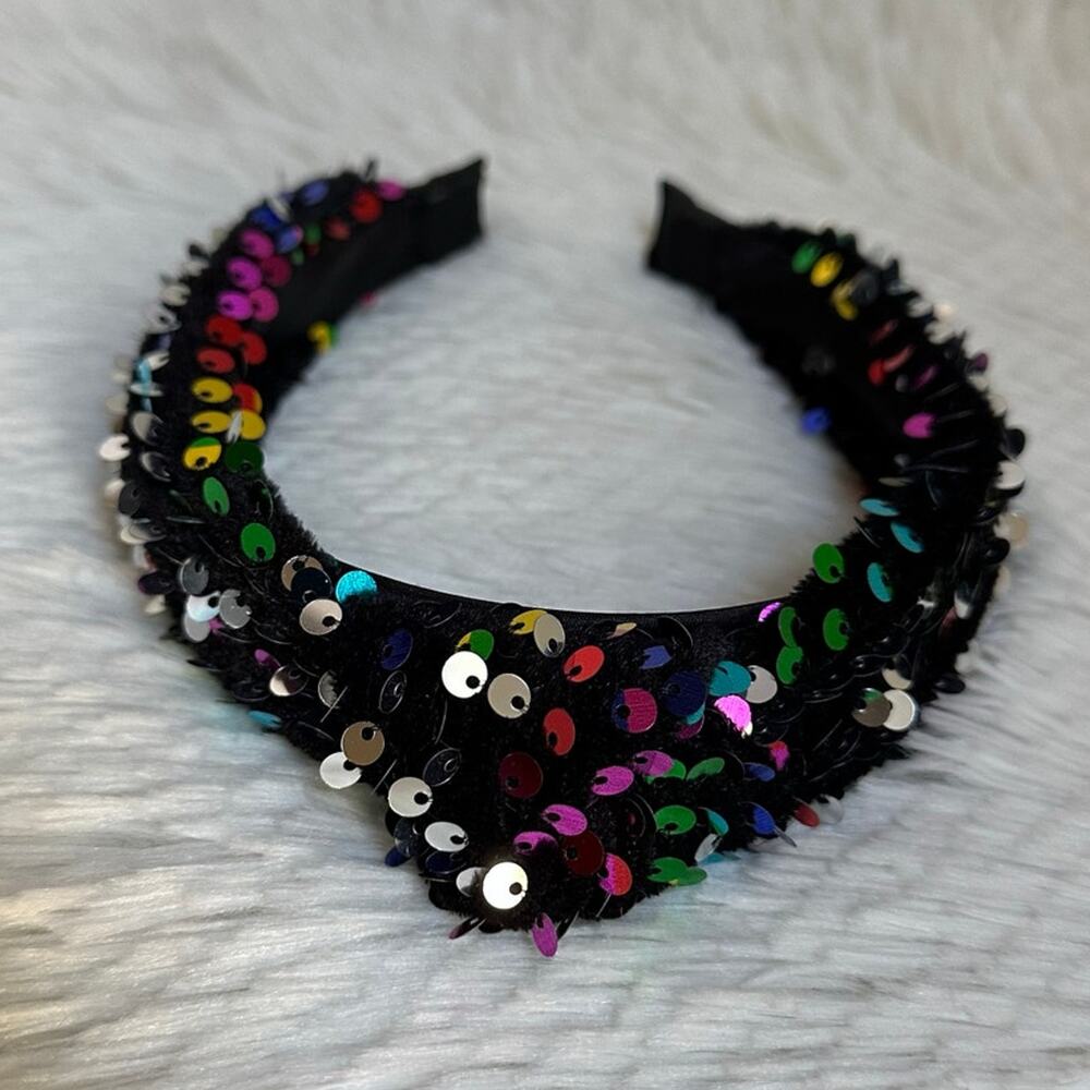Headband metallic Velvet & Sequin Plush Headband. Rainbow Sequin Twist